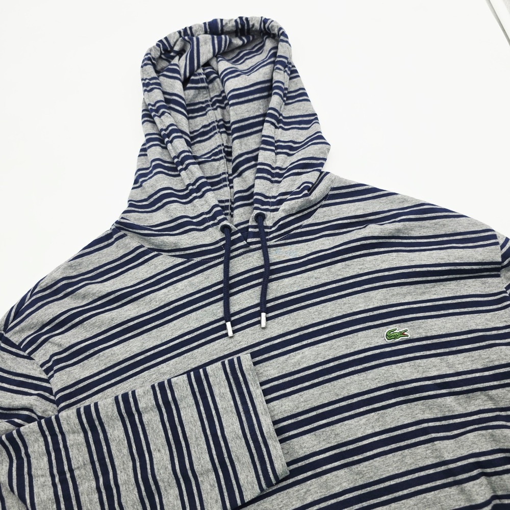 Lacoste Mens Striped Long Sleeve Hooded T-Shirt Gray Navy Blue 3XL FR 8 Regular